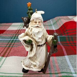Vintage Ornament Ivory Coat Santa with Bear and Tree Ornament